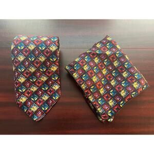 Christian Dior Monsier Silk Necktie & Handkerchief Set Red Geometric New Preppy